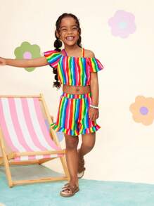 Young Girl Woven Striped Off Shoulder Cami Top With Ruffle Trim Shorts 2pcs Set - Multicolor - View 6
