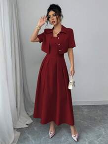 Elenzga 2pcs Women Pink Short Sleeve Top With Crop & Long Skirt Co-Ord Set - Burgundy - View 5