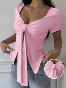 SHEIN EZwear Camiseta de mujer casual de punto rosa con abertura y cordón en la manga corta
