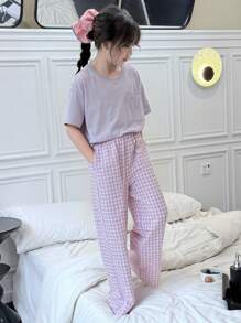 Dazy Kids 青少年女孩纯色短袖上衣和格子裤家居服睡衣套装，女孩夏季服装，返校服装 - 紫色 - 查看 5