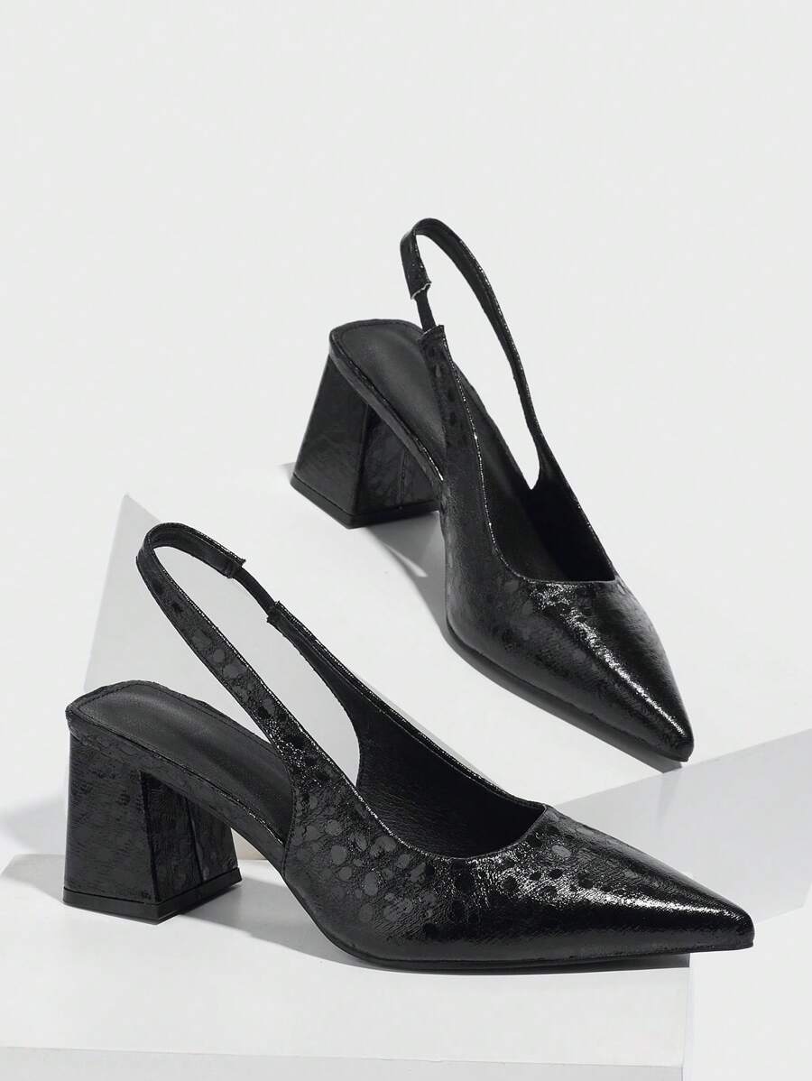 CUCCOO BIZCHIC 女士 PU 尖头粗跟露跟浅口高跟鞋，带踝带，派对和夏季鞋，亮面动物印花，黑色