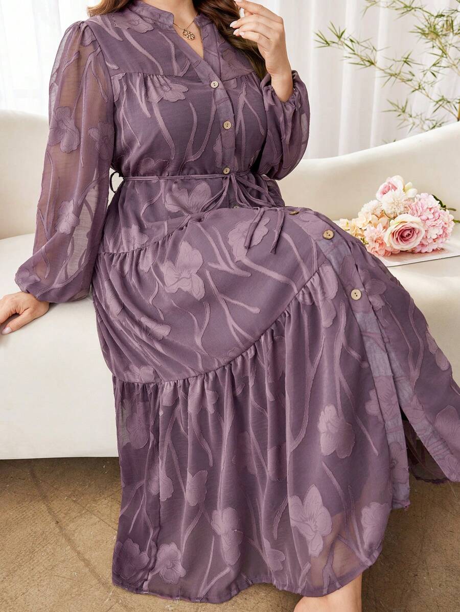 Modelyn Romantic Cut-Out Long Sleeve Loose Layered Dress, Plus Size, Spring/Summer Fall Cloth For Women - Dusty Pink - View 1