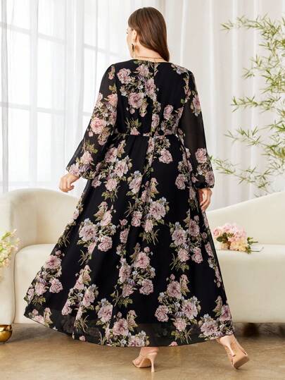 Modelyn Romantic Floral Print Chiffon Long Sleeve A-Line Midi Dress, Regular Fit, Plus Size, Spring/Summer Fall Cloth For Women