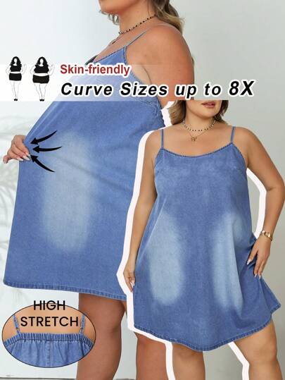 SHEIN CURVE+ Plus Size Women's Simple Blue Casual Relaxing Loose Fit Denim Overall Dress
