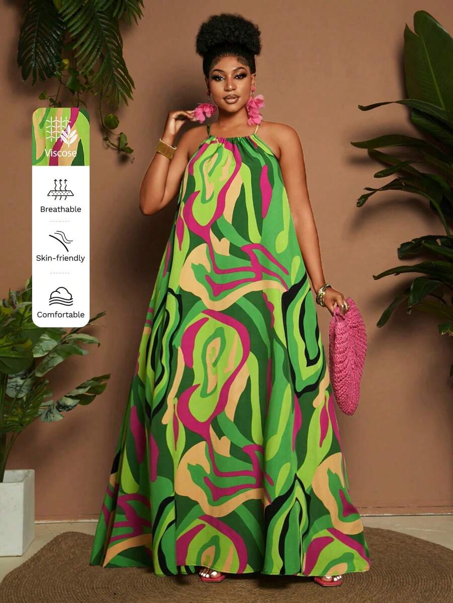 Maweii 大码女式夏季不规则线条多色印花可调节肩带A字度假无袖连衣裙，女士休闲连衣裙，女士假日装扮，碎花假日连衣裙 - 彩色 - 查看 1