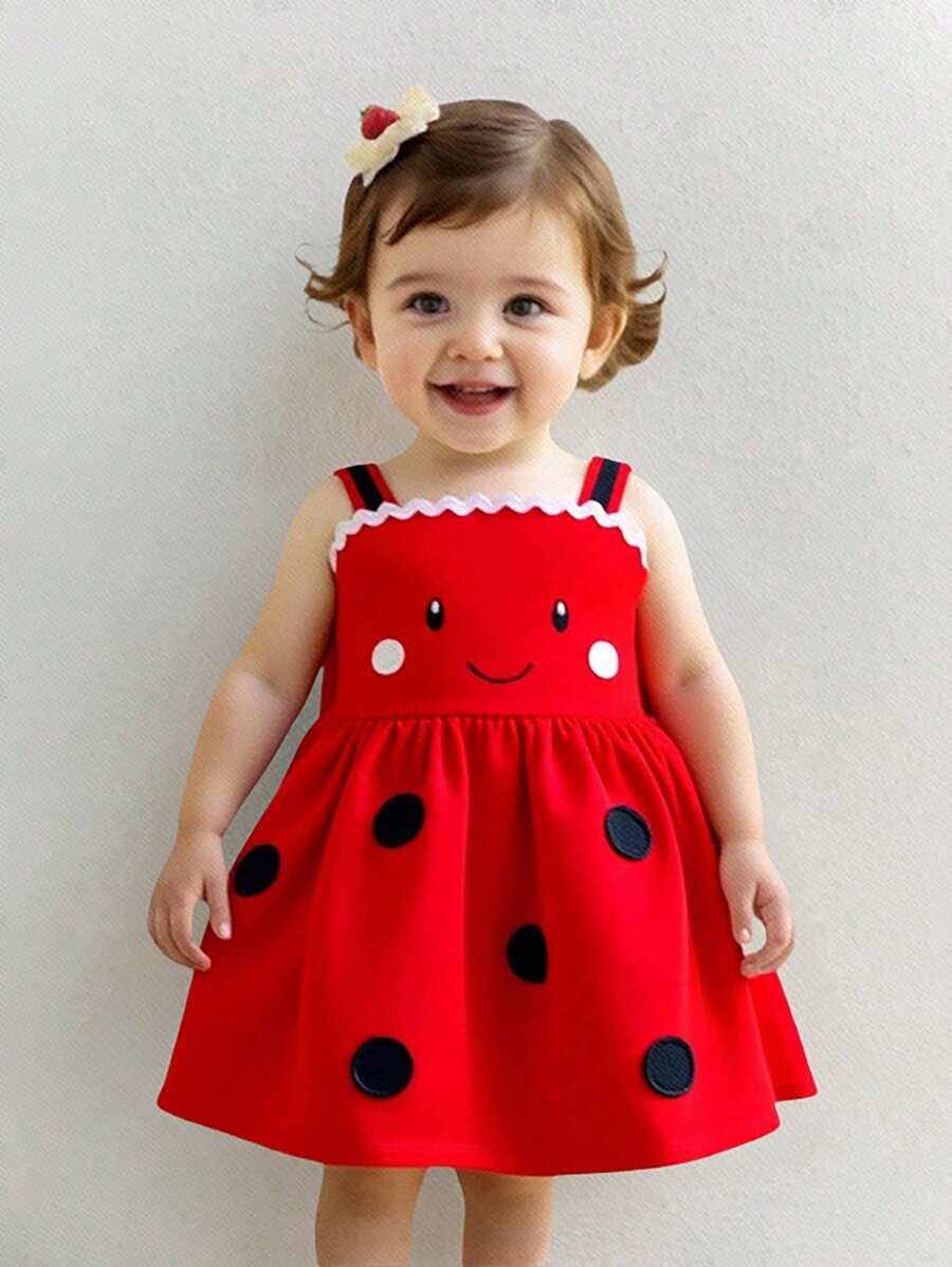 SHEIN Baby Girl Polka Dot Lace Patchwork Playful Strap Dress - Red - View 1