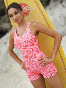 Swim SPRTY Women's Beach Summer Outfits, Random Print Round Neck Sleeveless Open Back Romper, Casual Sports Surfing