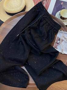 Franclia Pantalones rectos de pierna ancha, cintura elástica y estampado de cielo estrellado - Negro - Ver 5