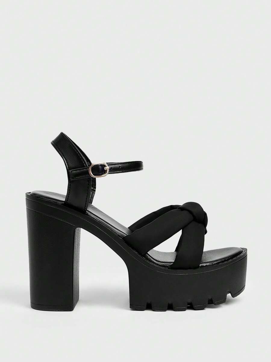 Sugerpunk Women's Black High Heel Sandals, Summer Open Toe Chunky Heel Floral Party Dress Shoes, Strap Work Formal Heels - Black - View 1