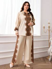 Mulvari Plus Size Women Floral Print Long Sleeve Shirt & Pants 2 Pieces Casual Outfit - Multicolor - View 3