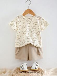 Cozy Pixies Set de 2 piezas para bebé niño: Parte superior de punto de cuello redondo de manga corta con estampado de animales de dibujos animados y pantalones cortos de cintura elástica