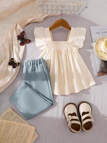 SHEIN Vintaside Kids 2 件套，女婴春夏休闲蝴蝶刺绣无袖上衣和纯色裤子 - 綠色 - 查看 2