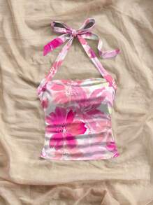 Soleia 1pc Women's Resort Neck-Tie White Knitted Textured Slim Fit Camisole Tank Top, Suitable For Summer,Rave Top Suitable For Going Out