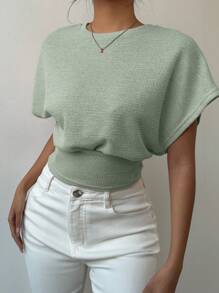 Aloruh Camiseta de punto ajustada de manga corta y lisos, minimalista y estilosa para mujeres - verde menta - Ver 5