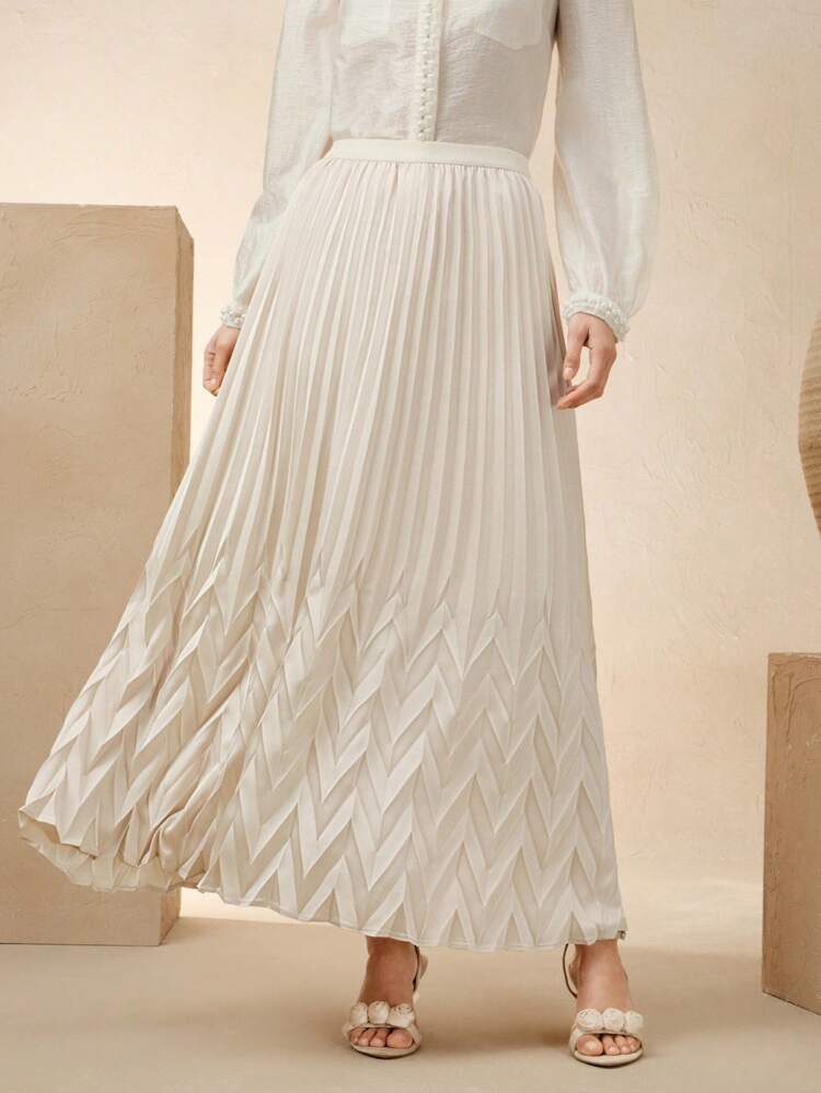 Women Elegant Pleated A-Line Satin Skirt, Suitable For Festival, Vacation, Holiday, Casual And Business Casual