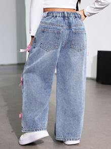 SHEIN Young Girl Y2K Cute Pink Bow Decor Loose Blue Denim Wide Leg Pants, Girl Fall And Winter Denim Jeans Clothes,Cool Outfit/Girls Thanksgiving Outfit,