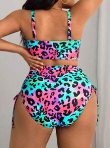 Slaydiva Plus Size Colorful Leopard Print Lace-Up Tankini Bikini Set For Summer Beach Vacation