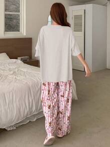 DAZY Set de pijama de 2 piezas para mujer con estampado de dibujos animados, de manga corta y holgado