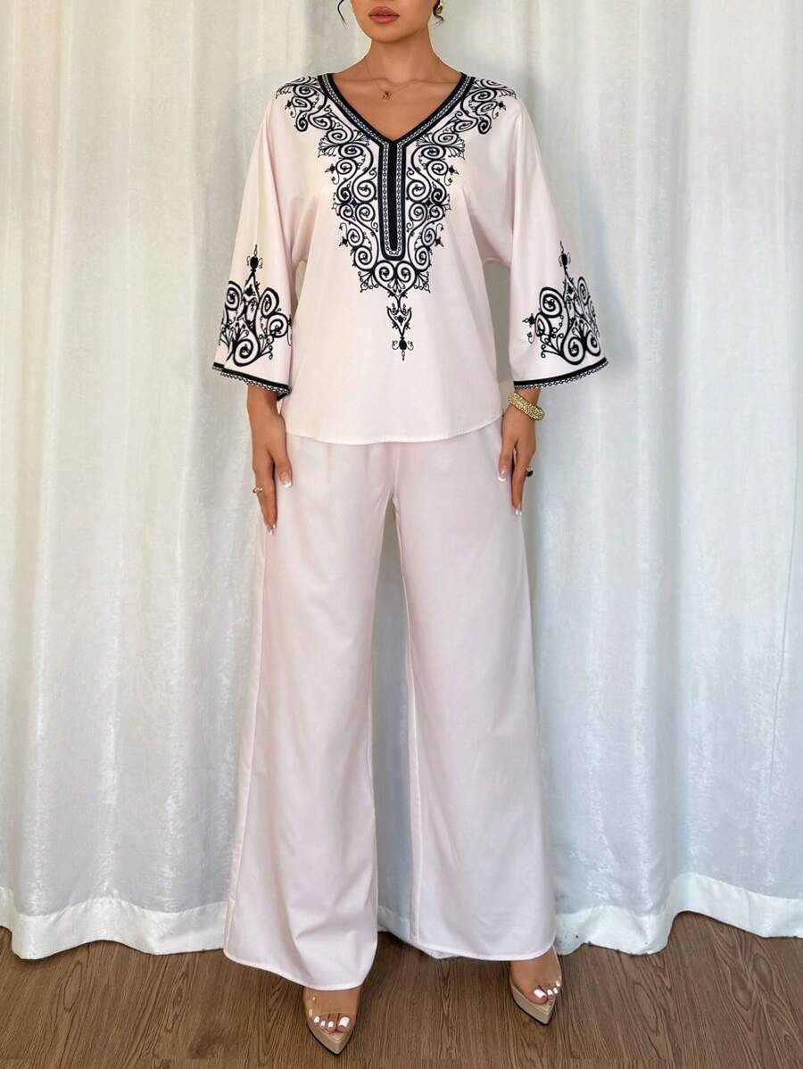 Chiquease Women's Elegant Printed 3/4 Sleeve Top And Wide Leg Pants Two Pieces Set, Vacation Suitable