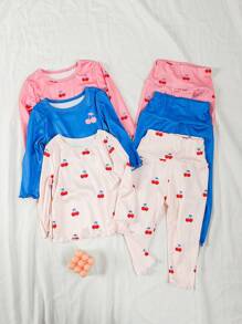 6 Stücke/Set Baby Mädchen Lässig Kirsche Muster Langarm Top und Hose bequemer Heim Outfit Set - Verschiedenfarbig - Übersicht 1