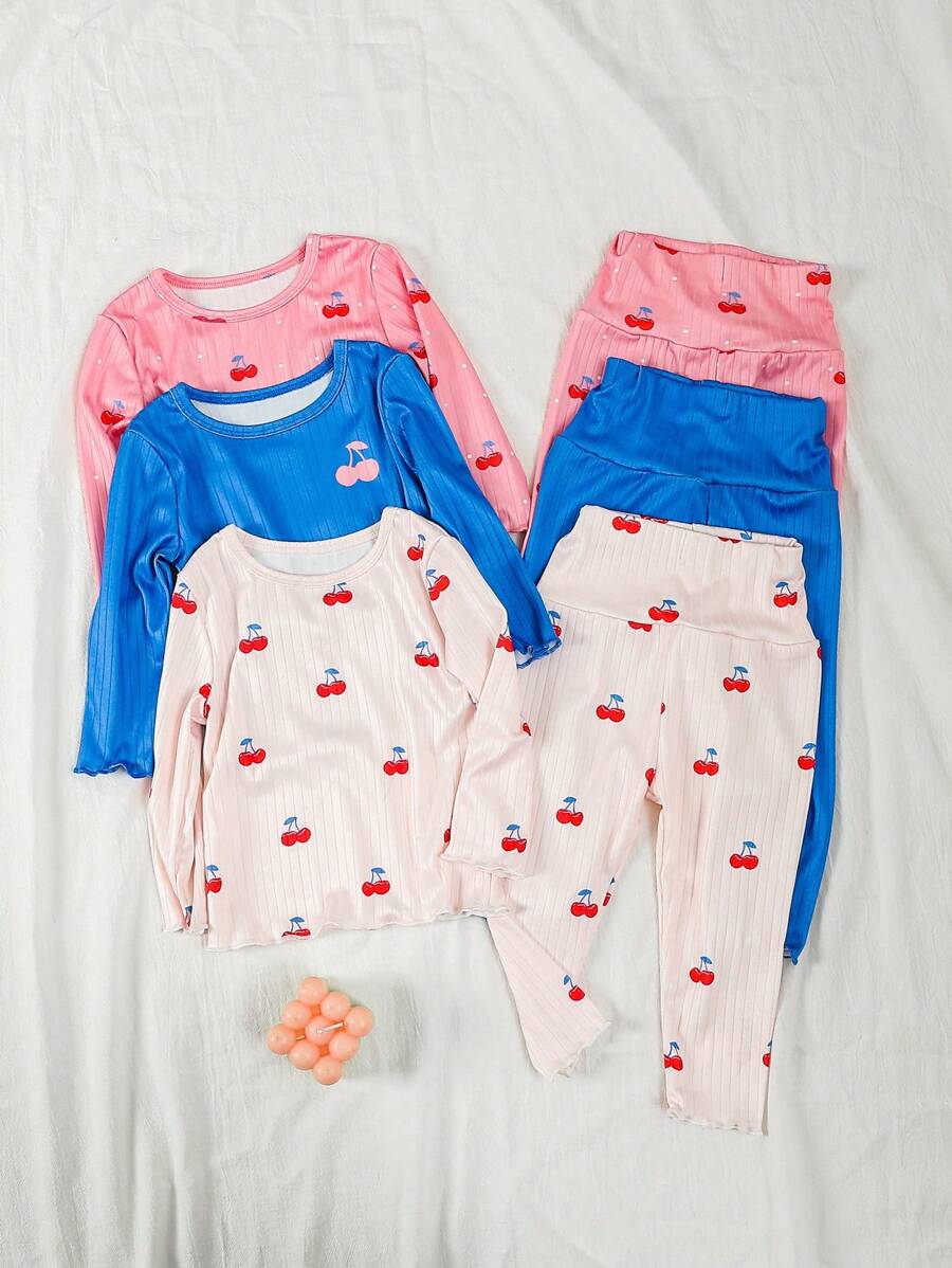 6 Stücke/Set Baby Mädchen Lässig Kirsche Muster Langarm Top und Hose bequemer Heim Outfit Set - Verschiedenfarbig - Übersicht 1