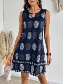EMERY ROSE Women All-Over Print Keyhole Neck Casual Sleeveless Mini Dress,Bohemia - Multicolor - View 5
