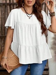 EMERY ROSE Blus Longgar Lengan Pendek Berkerut Leher Bulat Warna Polos untuk Wanita Ukuran Besar, Gaya Boho untuk Wanita/Musim Panas, Pakaian Barat Wanita, Pakaian Liburan Wanita - Putih - View 7