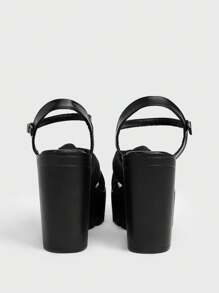 Sugerpunk Women's Black High Heel Sandals, Summer Open Toe Chunky Heel Floral Party Dress Shoes, Strap Work Formal Heels - Black - View 4