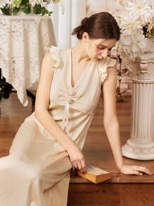 Côtesoire 3D Floral Decor V-Neck Sleeveless Gathered Waist Long Nightdress - Apricot - View 4