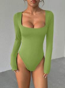 Flirla 女士修身长袖连体衣，棕色，简约百搭，适合通勤 - 綠色 - 查看 3