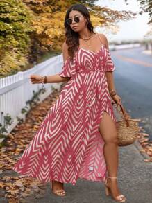 SHEIN VCAY Plus Size Dusty Pink Maxi Dress: Casual Chevron Print Woven Wrap Dress With Spaghetti Straps And Short Sleeves - Dusty Pink - View 3