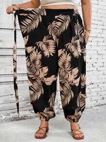 SHEIN CURVE+ Plus Size Women's Summer Tropical Print Paper Bag Waist Carrot Sports Jogger Pants, Beach Boho Vacation - Multicolor - View 7