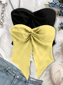 Soleia 2pcs/Set Women Solid Color Twist Knot Bandeau Crop Tops, Vacation Style - Multicolor - View 3