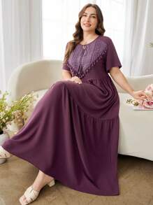 Al Najma Vestido longo casual plus size com franjas e cor sólida - Roxa - Ver 7