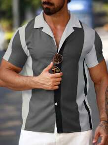 Manfinity Homme Men's Summer Casual Color Block Patchwork Short Sleeve Shirt , Men Stylish Shirts - Grey - View 5