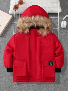 SHEIN 年轻男孩休闲拉链连帽夹克，有领子、编织拼布、3D 口袋、保暖内衬