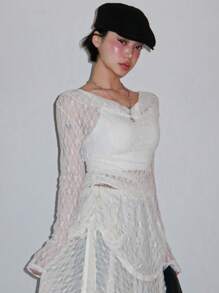 DAZY 女式白色透明蕾丝垂褶领长袖衬衫 - 白色 - 查看 5