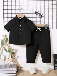 SHEIN 2 件套 男童纯色领短袖上衣和修身长裤 - 黑色 - 查看 8