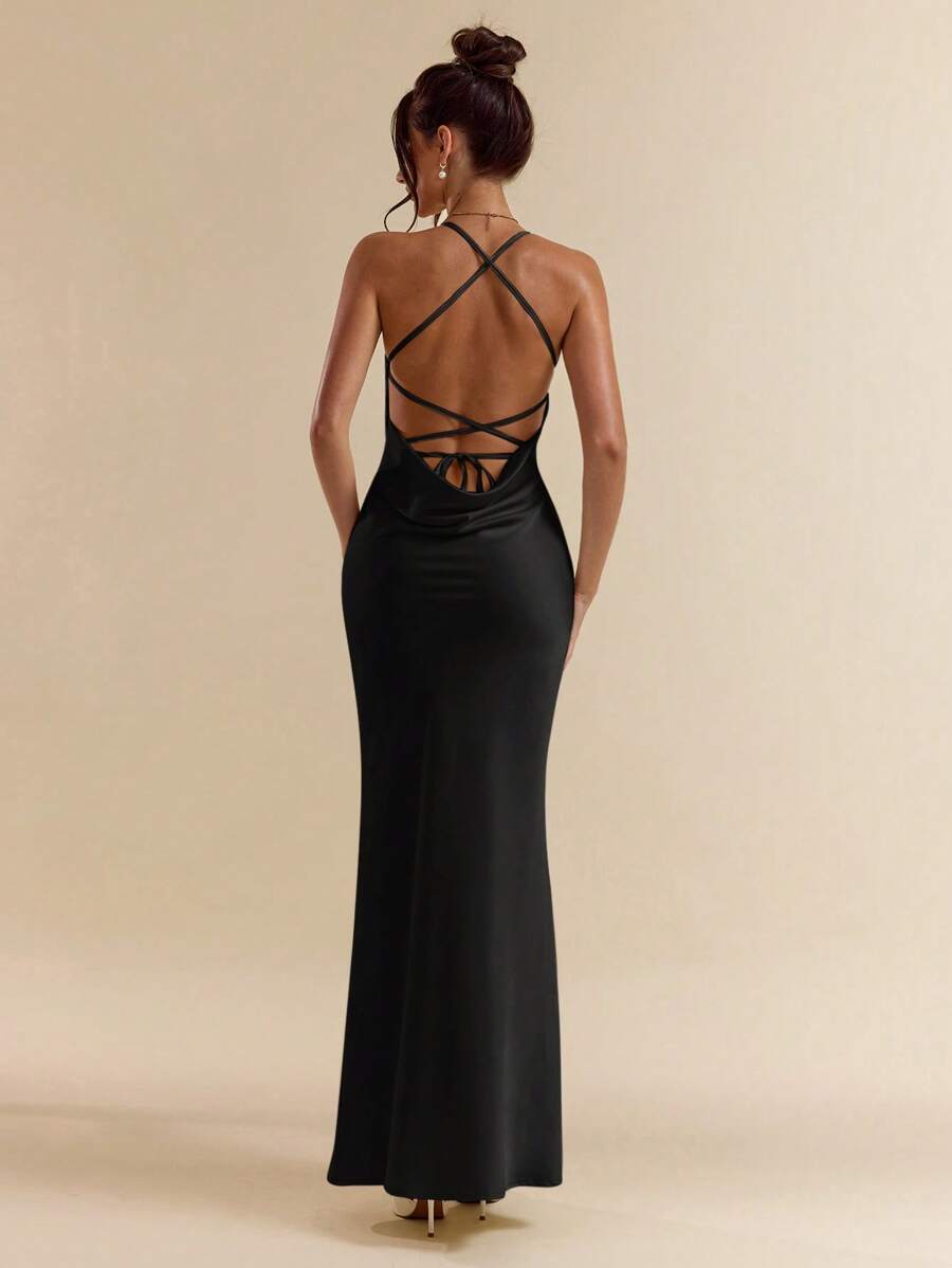 SHEIN BAE 长款深 V 领缎面露背系带连衣裙，杏色和白色，优雅连衣裙，适合度假、婚礼伴娘、生日派对、毕业典礼、春夏季 - 黑色 - 查看 1