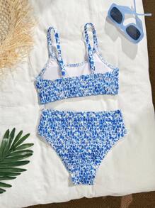 Tween Girl Blue  Ditsy Floral Adjustable Strap Bikini  Swimsuit Set, Suitable For Holiday, Retro, Beach,, Elegant, Cute - Multicolor - View 2