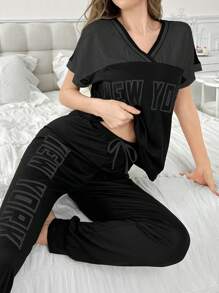 SHEIN Color Block Letter Print V-Neck Short Sleeve Pajama Set For Women - Black - View 1