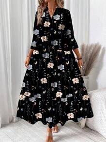 SHEIN LUNE Women Casual Floral Print V-Neck Ruched Long Sleeve Dress, Suitable For Spring/Summer,Bohemia Autumn Boho Chic Dress - Multicolor - View 5