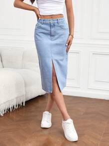SHEIN Tall Jupe évasée en jean casual pour femmes avec poches et fente sur le côté
