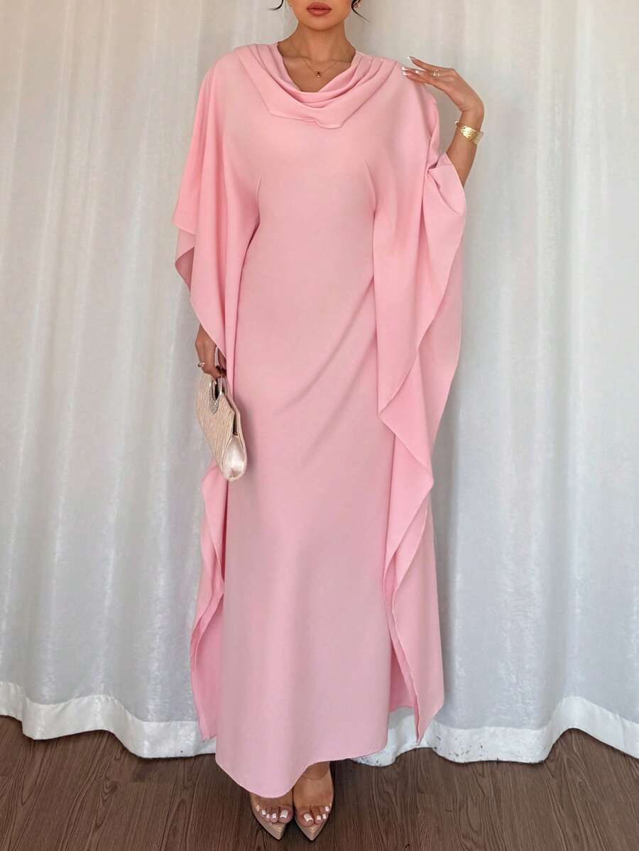 Chiquease Elegant Draped Neck Batwing Sleeve Solid Color Long Dress, Robe For Spring/Summer - Pink - View 1