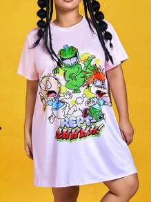 Nick 90s | SHEIN 大码女式夏季休闲可爱卡通图案短袖睡裙