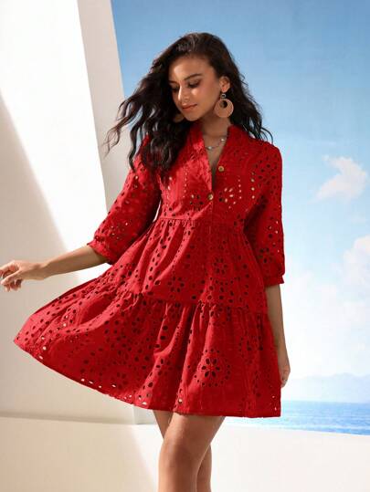 Aveloria Modichic Vestido de línea A con bordado de ojal sólido, conjuntos de vacaciones para mujer