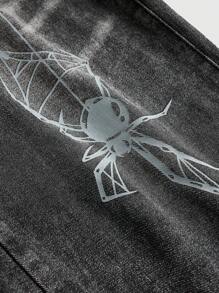 ROMWE Punk Style Women Distressed Spider Print Straight Leg Boyfriend Denim Overalls - Dark Grey - View 4