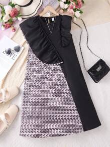 Tween Girls Letter Print Ruffle Hem Casual Fashion Cute Party Dress