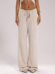 SHEIN BAE Pantalon ample à taille haute et jambe large en lin beige clair pour femme, couleur unie, décontracté, convient pour le port quotidien, les vacances, le bureau, le printemps et l'été