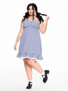 ROMWE J-Fashion Plaid Ruffle Trim Plus Size Vacation Dress For Women - Blue - View 10
